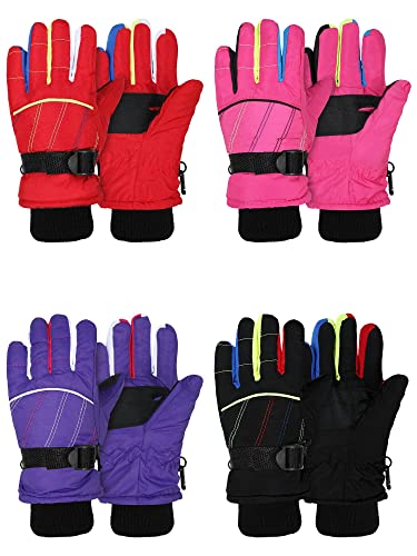 4 Pairs Kids Winter Gloves Waterproof Snow Ski Gloves Warm Unisex Camouflage Gloves for Cold Weather Girls Boys Children (Purple, Pink, Black, Red,4 - 8 Years Old)
