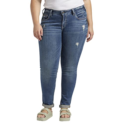 Silver Jeans Co. Women's Plus Size Girlfriend Mid Rise Skinny Jeans, Medium Marble Wash, 18 Plus