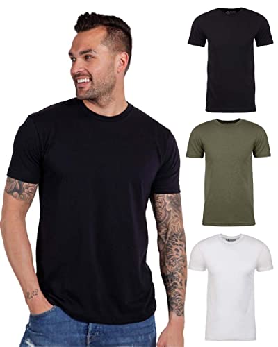 INTO THE AM Premium Men's Fitted Crew Neck Plain Essential Tees 3-Pack - Modern Fit Fresh Classic Short Sleeve T-Shirts for Men (Black/Olive Green/White, Large)