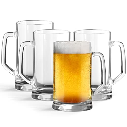 KooK Beer Mugs, Beer Glasses, Set of 4, 12.7 Oz, Clear Large Beer Mugs, Gift for Men, With Handles, Large Drinking Cups for Tea, Coffee, Root Beer Floats, Dishwasher and Freezer Safe, Durable