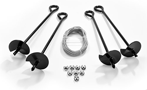 Ashman Ground Anchor with 50 Feet of Galvanized Wire with Clamps – Ideal for Securing Animals, Tents, Canopies, Sheds, Car Ports, Swing Sets; Powder-Coated Solid Steel Auger – Pack of 4