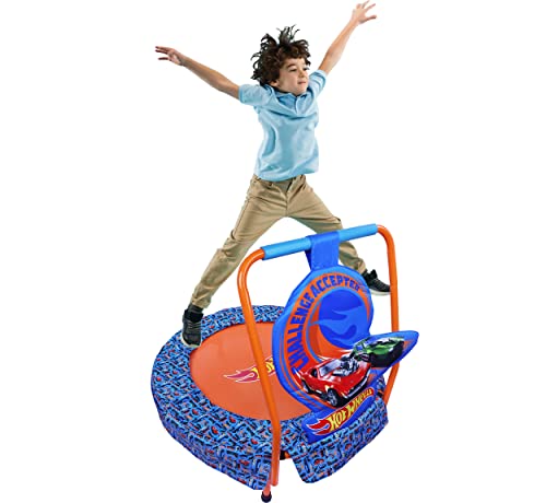 Hot Wheels Mini Trampoline, Indoor Kids Trampoline for Toddlers with Handle, Features Racing Hot Wheels