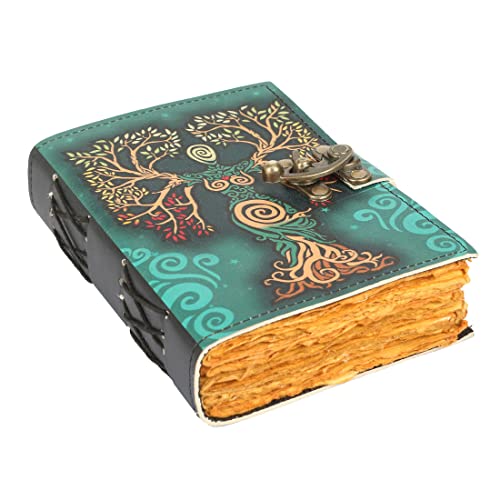 TUZECH Blank Spell Book Of Shadows Journal With Lock Clasp Prop Vintage Hocus Pocus Handmade Leather Seven Chakra Diary For Women Men Gift Embossed Prayer Pagan Antique Daily 7x5 Inches (Green Lady