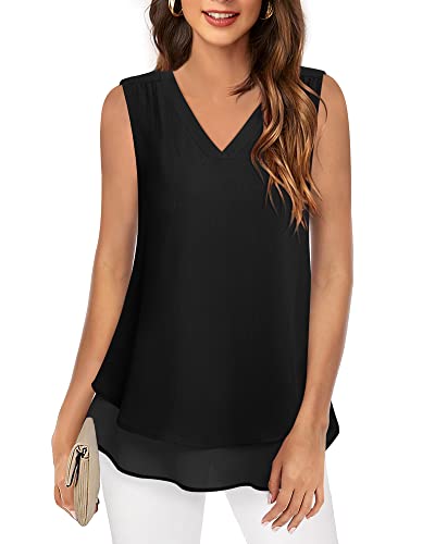 Messic Womens Work Tank Tops Office Women's Sleeveless Blouses for Work Professional Womens Business Tops Summer Dressy Chiffon Tunic Tops Double Layer Polyester Career Tops Maternity Clothes Black,L