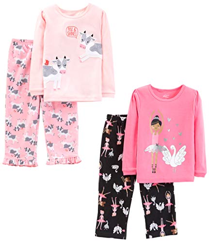 Simple Joys by Carter's Toddler Girls' 4-Piece Pajama Set (Cotton Top & Fleece Bottom), Black Ballerina/Light Pink/Pink Cow/Swans, 5T