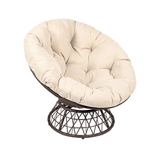 Milliard Wicker Papasan Chair with 360-degree Swivel, Beige Cushion and Brown Frame. Indoor and Outdoor Use