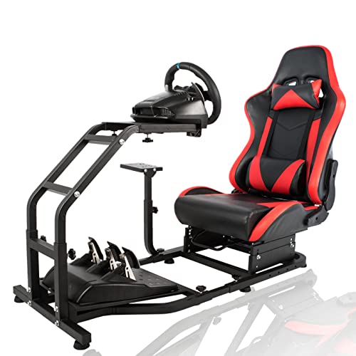 Marada Racing Simulator Wheel Stand Advanced Cockpit With Red Seat Large Round Tube Heavy Dutty Cockpit Support for G29 G923 and G920, Thrustmaster T80 T150 T300RS,T248, T-GT More Stable