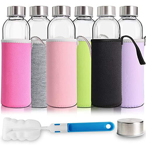 YEBODA Glass Water Bottles 18oz Bottles For Beverage and Juicer Use Stainless Steel Caps - Including Colorful Nylon Protection Sleeve,Pack Of 6