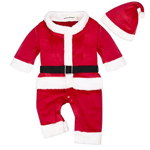BIG ELEPHANT Unisex Baby 1 Piece Warm Christmas Long Sleeve Romper Pajama with Hat (Red, 3-6 Months)