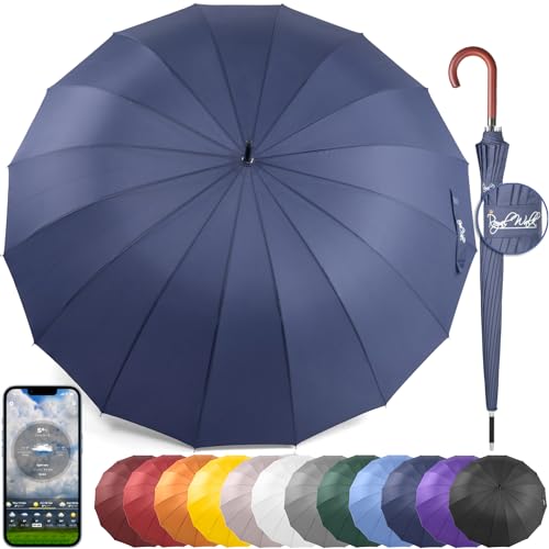 Royal Walk Large Umbrella for 2 Persons, Navy Blue, 54 Inch, Windproof, Auto Open, Wooden Handle, Drying, Strong 16 Ribs, Travel 120cm