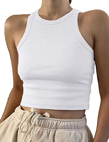 Artfish Women Casual Basic Sleeveless High Neck Rib-Knit Front Racerback Crop Tank Top 01#White,L