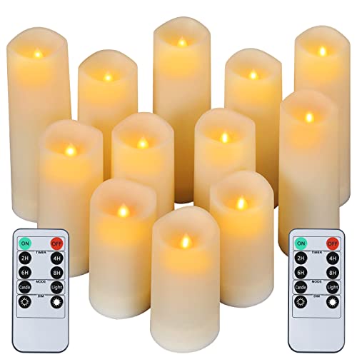 crowm Flickering Flameless Candles with Remote, Battery Operated Timer LED Votive Candles, Outdoor Waterproof Pillar Ivory Candles Light for Christmas Halloween Decor - Set of 12