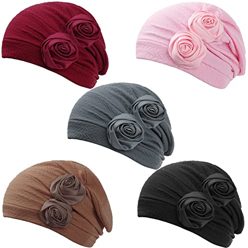 HONENNA Chemo Caps Headwear for Women Turbans Beanies Flowers Hats Headwrap for Cancer Patient Hair Loss (Roses:5 Pack[Black+Gray+Brown+Wine+Pink])