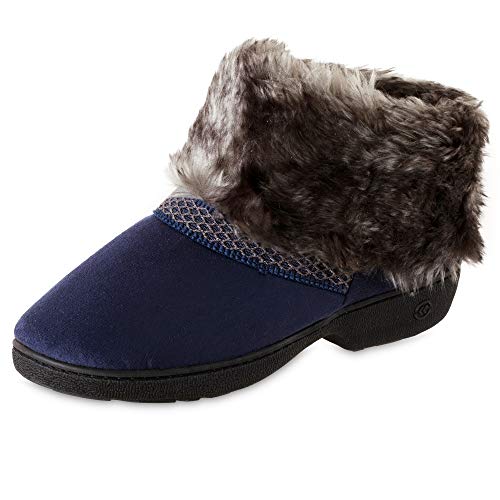 isotoner Women's Recycled Microsuede Mallory Boot Slipper, with Memory Foam, Navy Blue, 8.5-9