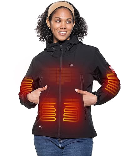 DEWBU Heated Jacket for Women with 12V Battery Pack Winter Outdoor Soft Shell Electric Heating Coat, Women's Black, S