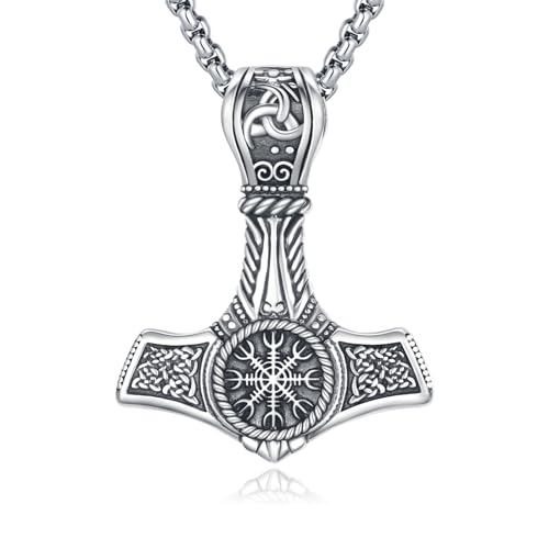 Thor Hammer Necklace 925 Sterling Silver Viking Mjolnir Hammer Talisman Pendant Norse Runes Amulet Jewelry Nordic Thors Hammer Jewelry Gifts for Men Women with 22’’+2’’Rolo Chain