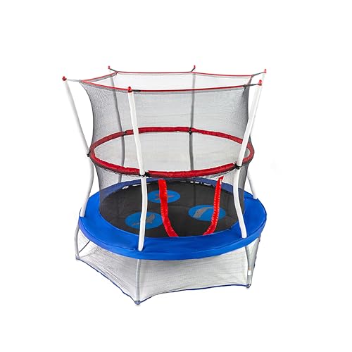 SKYWALKER TRAMPOLINES 60” Round, Indoor Outdoor Mini Trampoline for Kids Toddler Bouncer with Enclosure Net, Padded Frame, Cover and Handlebar, No-Gap Safe Design, Seaside Adventure