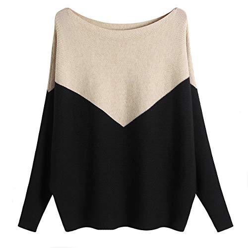 GABERLY Boat Neck Batwing Sleeves Dolman Knitted Sweaters and Pullovers Tops for Women (Black+Khaki, One Size)