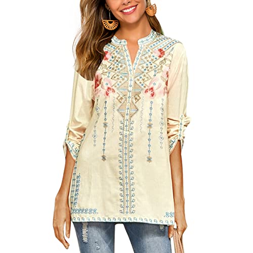 AK Women's Embroidered Tops Mexican Shirt V Neck Summer Casual Tops Peasant Tunic Loose Blouse (Large, 127-Yellow)