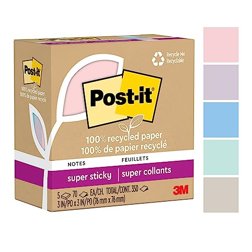 Post-it 100% Recycled Paper Super Sticky Notes, 2X The Sticking Power, 3x3 in, 5 Pads, 70 Sheets/Pad, Wanderlust Pastels Collection (654R-5SSNRP)