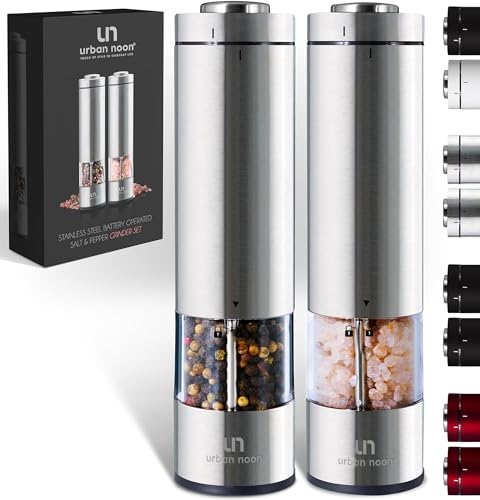 Electric Salt and Pepper Grinder Set - Battery Operated Stainless Steel Mill with Light (2 Mills) - Automatic One Handed Operation - Electronic Adjustable Shakers - Ceramic Grinders
