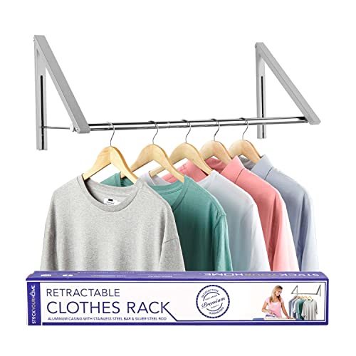 Double Foldable Clothing Rack w/ Extension Rod, Wall-Mounted Retractable Clothes Hanger for Laundry Dryer Room, Hanging Drying Rod, Small Collapsible Folding Garment Racks, Dorm Accessories (Chrome)