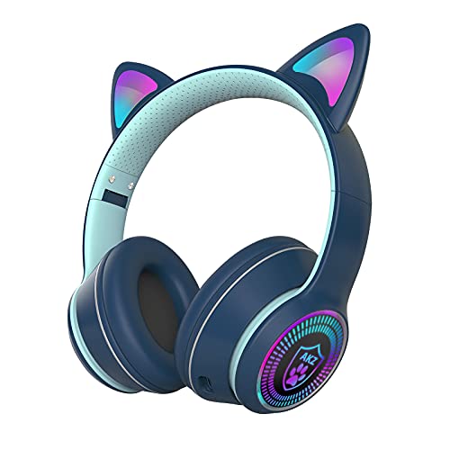 VIGROS Cat Ear Gaming Bluetooth 5.2 Wireless Foldable Headphones with LED Light, Stereo Game Surround Sound Over-Ear Headsets with Microphone AUX for PC, Pad, Mobile, Laptop, Game, Kids, Gift