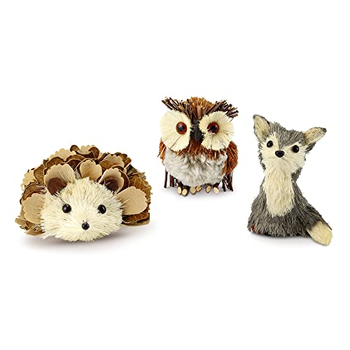 AuldHome Woodland Friends Figurines (Set of 3, Fox/Owl/Hedgehog); Forest Animals Decor for Fall, Christmas, Winter and Themed Decor or Parties