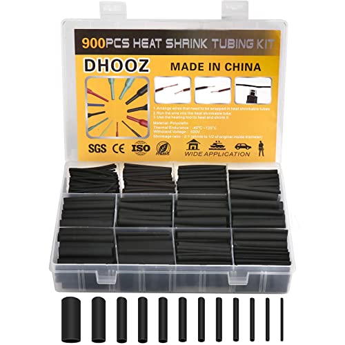900Pcs Wire Heat Shrink Tubing Kit, Industrial Heat-Shrink Tubing for Wires, 2:1 Marine Grade Heat Shrink Wrap, Premium Large Electrical Waterproof Heat Shrink Tape (Black 12 Sizes) DHOOZ