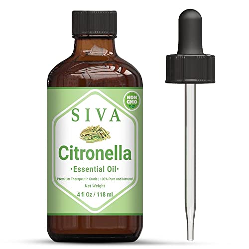 Siva Citronella Essential Oil 4 Fl Oz with Premium Glass Dropper – 100% Pure, Natural, Undiluted & Therapeutic Grade, Amazing for Nourished Skin, Moisturized Hair, Diffuser, Massage & Aromatherapy
