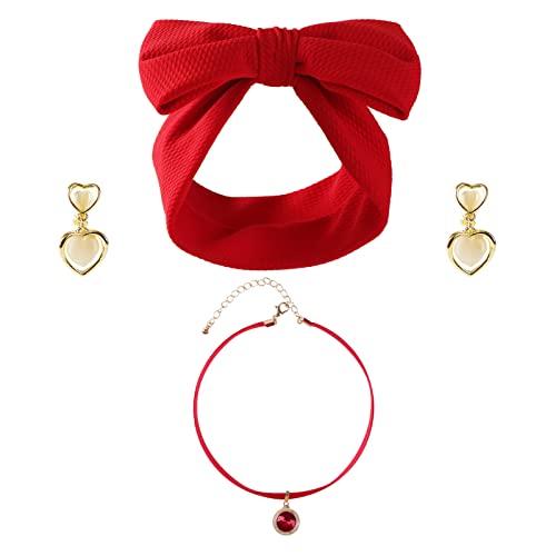 Women Girls Red Bow Headband Heart Choker Necklace Clip On Earrings Halloween Costume Accessories for Dolores