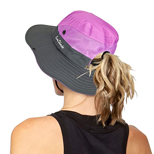 Women's Outdoor UV-Protection-Foldable Sun-Hats Mesh Wide-Brim Beach Fishing Hat with Ponytail-Hole (Purple)