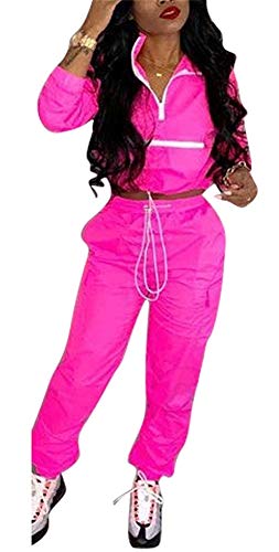 EOSIEDUR Women 2 Piece Outfits Tracksuit Jumpsuits Lightweight Windbreaker Pullover Jacket Crop Top Pants Set Large 8-10 Rose Pink