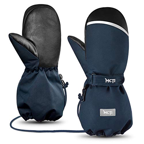 MCTi Kids Mittens Waterproof Winter Ski Warm Sherpa Lined Long Cuff with String Blue XS