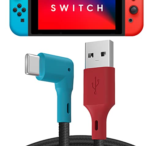 TALK WORKS USB-C Charger Cable for Nintendo Switch/Lite + Switch OLED & Pro Controller - 90 Degree Tip, Extra-Long Cable - Nylon Braided USB Type C Charging Cable - Blue/Red