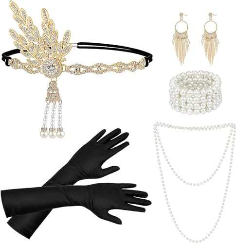 Dreamtop 1920s Great Gatsby Accessories Set for Women,Flapper Accessories Set Headpieces Necklace Gloves Roaring 20s Accessories for Women