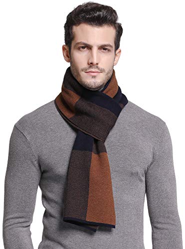 RIONA Men's 100 Australian Soft Merino Wool Knitted Plaid Warm Scarf (9005_Navy Brown)