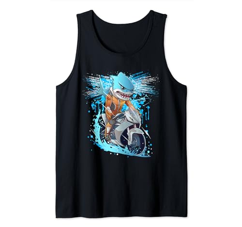 Biker Shark Riding Motorcycle Through Water Funny Motorcycle Tank Top