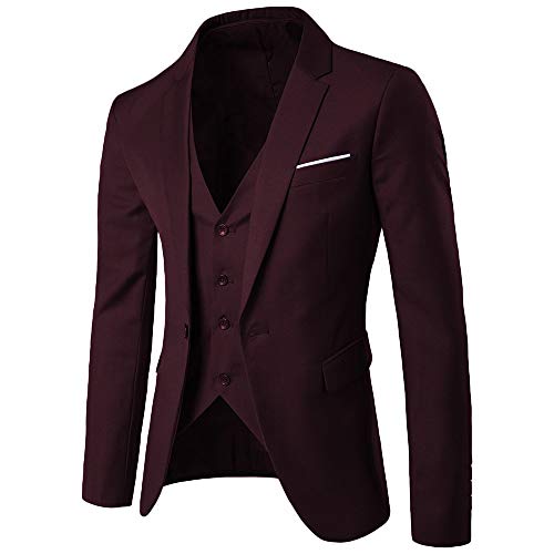 MAGE MALE Men's 3 Pieces Suit Elegant Solid One Button Slim Fit Single Breasted Party Blazer Vest Pants Set Burgundy