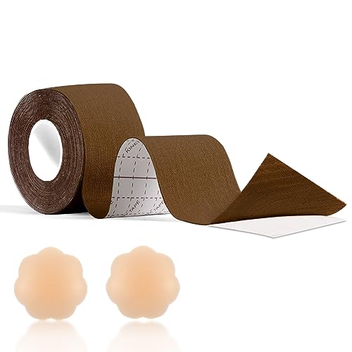 Niidor Boob Tape, Breathable Breast Lift Tape Invisible Tape for Breast Boobytape for Backless Dress with Nipple Cover (Brown-2.95in)