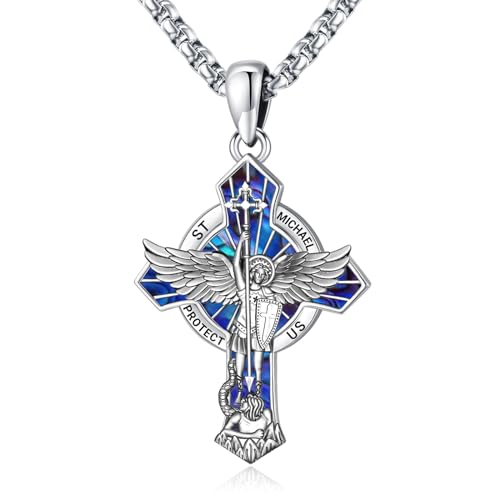 Eusense St Michael cross Necklace for men women archangel michael pendant Sterling Silver 925 san miguel arcangel medalla saint michael the archangel necklace crucifix st michael medal abalone
