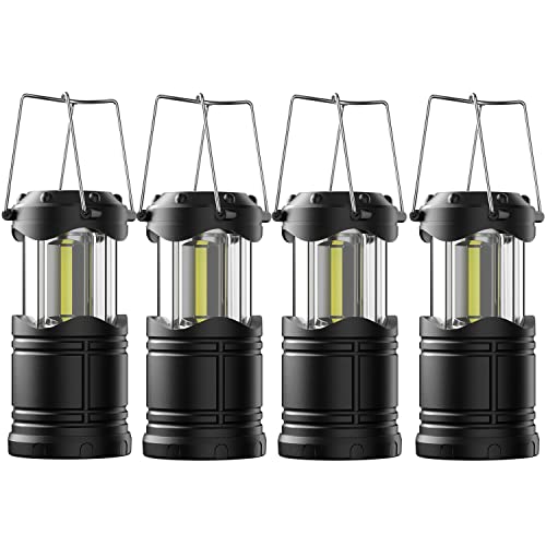 Lichamp 4 Pack LED Camping Lanterns, Battery Powered Camping Lights COB Super Bright Collapsible Flashlight Portable Emergency Supplies Kit, Black