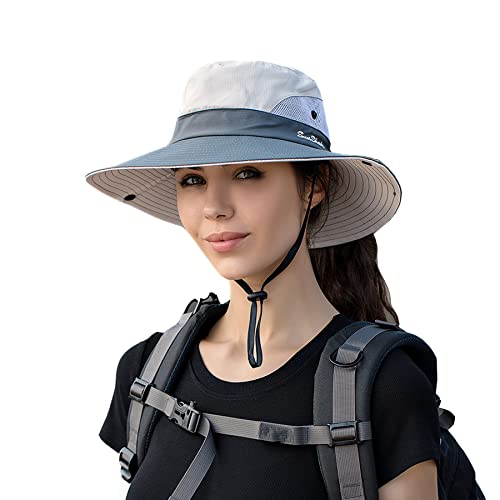 NPJY Ponytail Sun Hat Womens Men 3” Wide Brim UPF 50+ Fishing Beach Bucket Hats Beige/Grey
