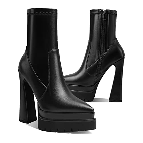 Uacllcau Black Platform Boots for Women Pointed Toe Ankle Booties Side Zip Stacked Chunky High Heel Mid Calf Boots