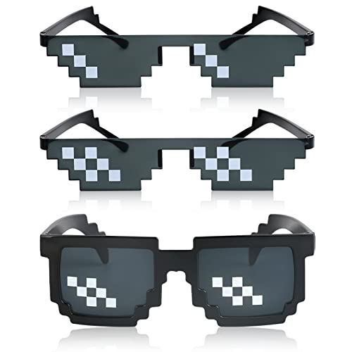 YSSHUI [3 Pack] Thug Life Sunglasses, Men Women Glass 8 Bit Pixel Mosaic Glasses Photo Props Unisex Sunglass Toy - Black