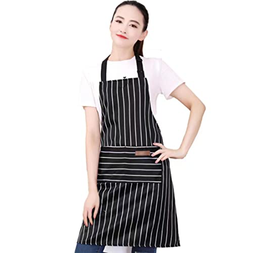 Adjustable Bib Apron with 2 Pockets Cooking Kitchen Cotton Aprons for Women Men Chef Restaurant BBQ Painting Crafting , Long Ties Neck Strap (Black Stripes)