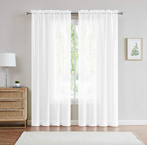 Jane - Rod Pocket Semi-Sheer Curtains - 2 Pieces - Total size 108' W x 63' L - Natural Light Flow Material Durable - for Bedroom - Living Room - Kid's Room And Kitchen (54' W x 63' L, White)