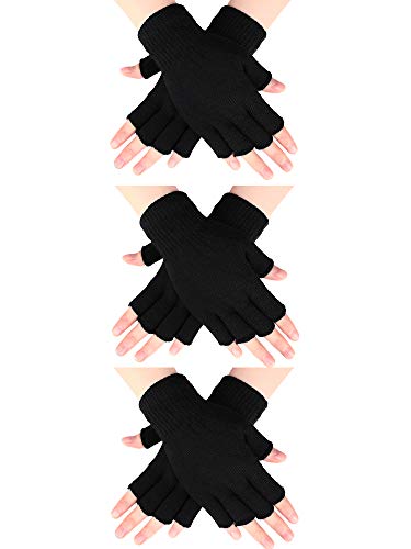 SATINIOR 3 Pairs Half Finger Gloves Winter Fingerless Gloves Knit Gloves for Men Women (Black), Medium