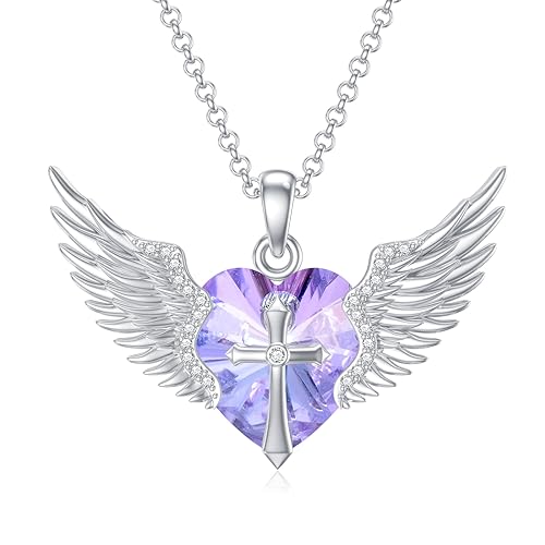 Flpruy Angel Wings Necklace with Cross Sterling Silver Guardian Angel Wings Pendant Purple June Birthstone Necklace Christmas Birthday Angel Jewelry Gifts for Women Girl