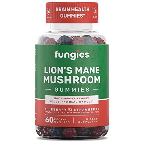 Fungies Lion's Mane Mushroom Brain Health Gummies - Promotes Focus, Memory, and Mood - 60 Count (Natural Blueberry and Strawberry Flavor, Gelatin-Free, Gluten-Free, Non-GMO, Vegan)